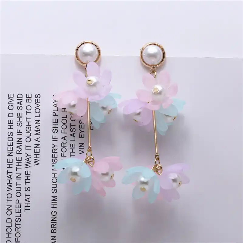 18新デザインファッションブランドジュエリー模造真珠二層花イヤリング夏スタイルロングイヤリング用女性ギフト Aliexpress