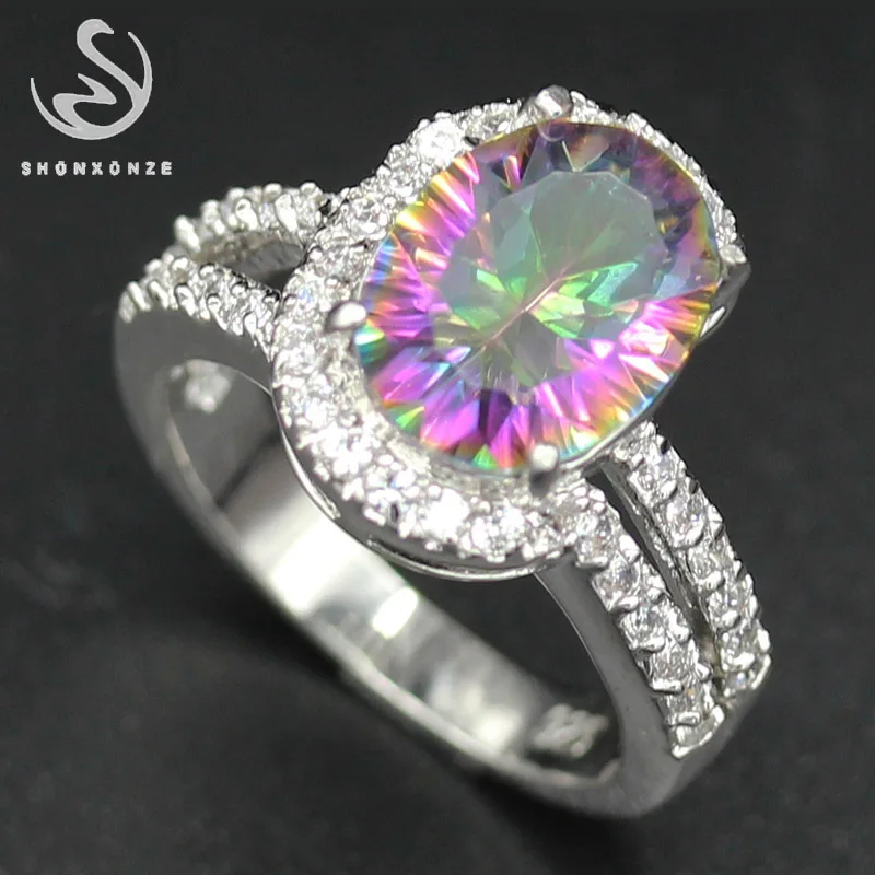 

SHUNXUNZE Rainbow White Oval Mystic Stone Ring for Woman Fashion Female Jewelry Accessories Gift Free Shipping Anel Aneis R775