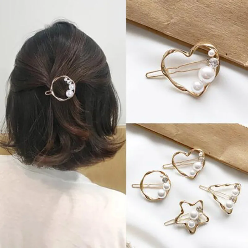 

2019 Women Star Triangle Crystal Pearl Hair Clips Geometric Heart Shape Hairpins Hair Accessories Mujer