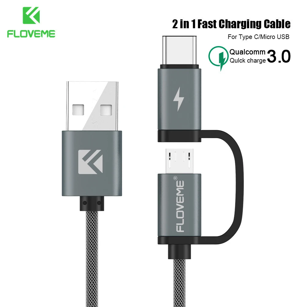 

FLOVEME Quick Charge QC 3.0 Micro USB Cable For Samsung S7 S6 HTC M8 M9 2 in 1 USB Type C Cable For Samsung S8 S9 Huawei P10