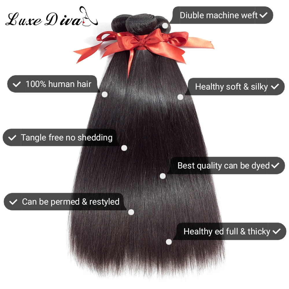 LUXE DIVA Brazilian Straight Hair Bundles Hair Weave Bundles Human Hair Bundles Natural Color Non Remy Hair Weave 1/3/4 Pieces