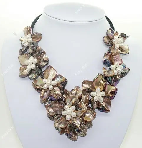 

ddh001468 fashion jewely white pearl Brown mother of pearl shell weave flower necklace 18