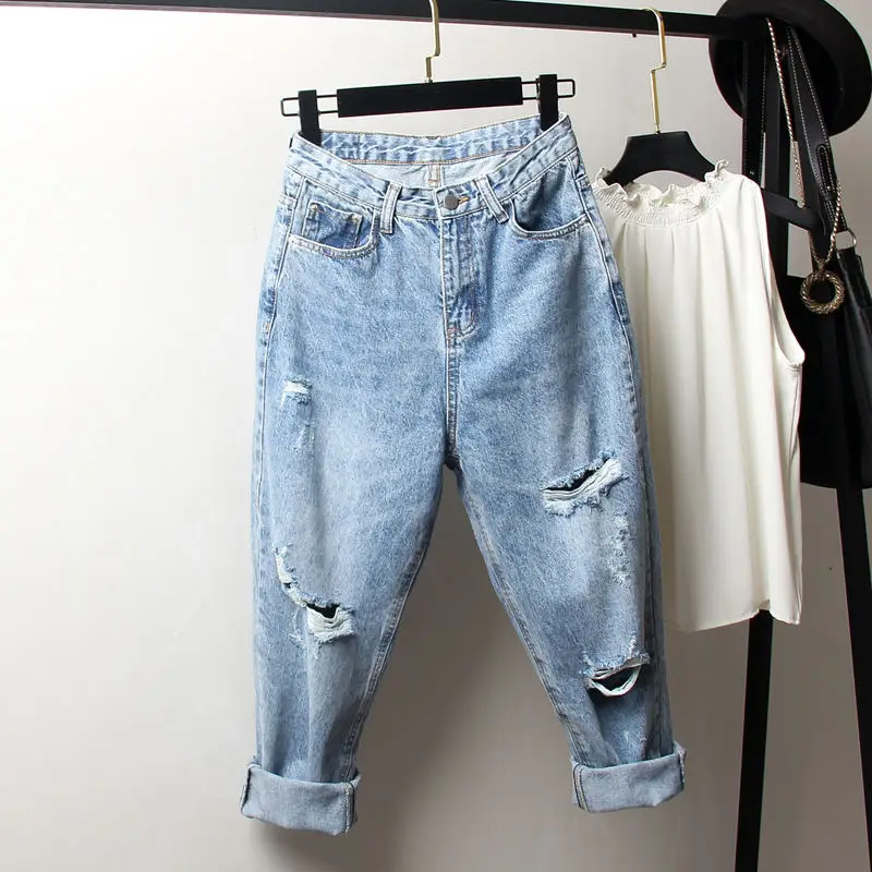 4XL Ripped Jeans For Women High Waist Loose Vintage Boyfriend Jeans Femme Denim Harem Pants Streetwear Plus Size Mom Jeans Q1413