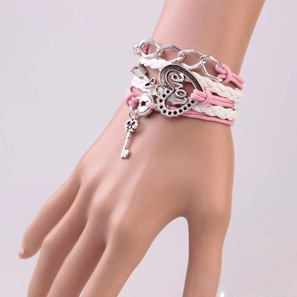 FAMSHIN браслет ручной работы замок ключ украшения-стрелы Браслет «бесконечность» белый розовый кожаный браслет для женщин лучший подарок для пары