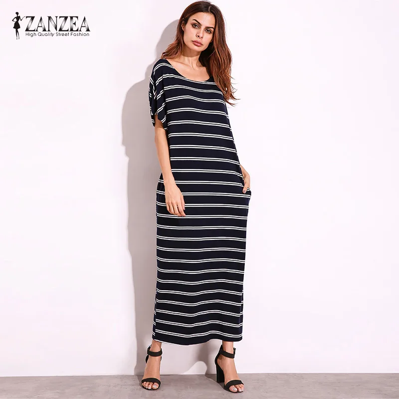 2017 ZANZEA Women Summer Striped Round Neck Casual Loose Maxi Dress Sexy Short Sleeve Pockets Long