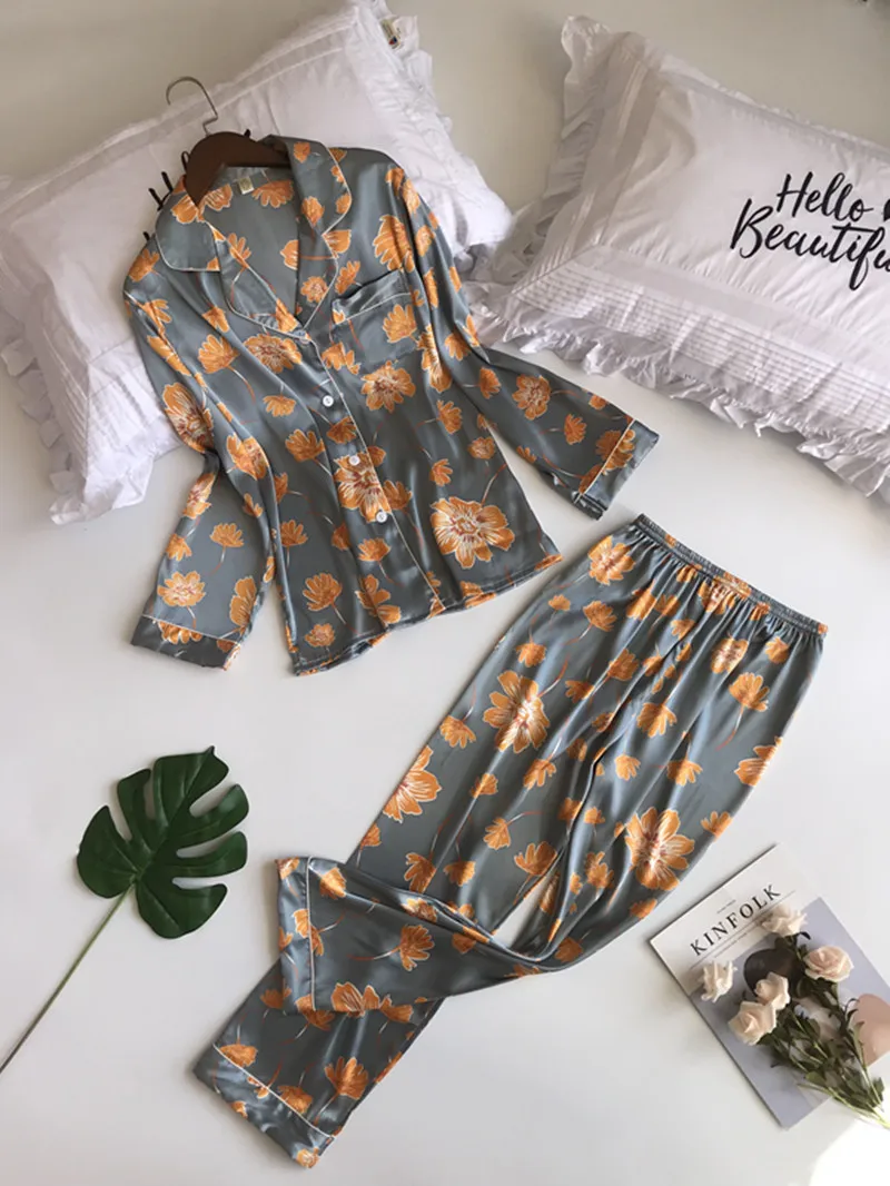 Пижамы Новинка 2018 года осень зима Pijama шелковые пижамы с длинным рукавом наборы