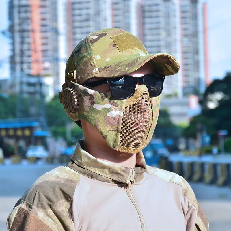 

Tactifans Tactical Foldable Mesh Mask With Ear Protection for Airsoft Paintball Adjustable Elastic Belt Strap Hunting Helmet