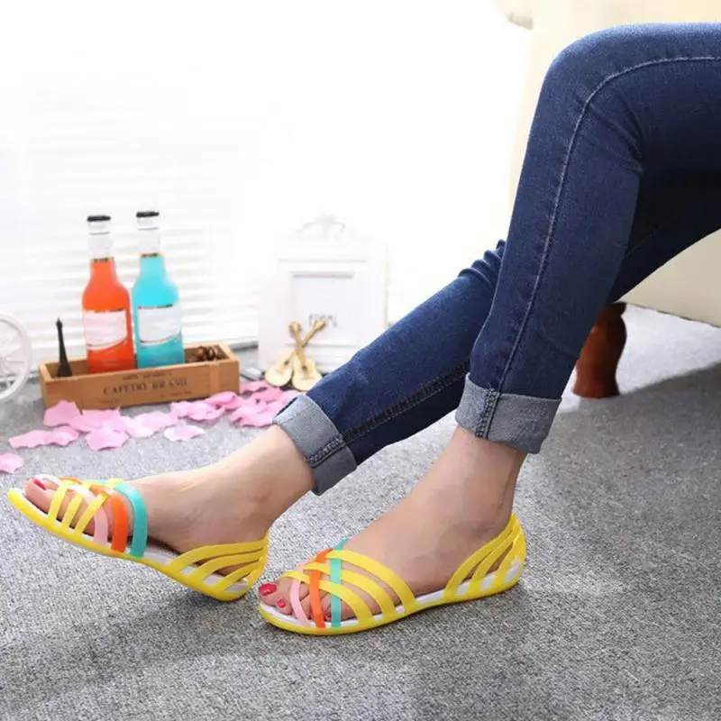 

Women Sandals New Candy Color Women Shoes Jelly Hollow Peep Toe Round Head Beach Rainbow Flats Sandals