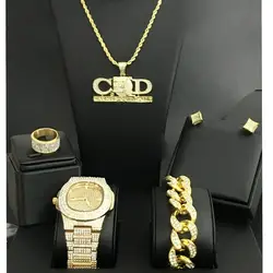 Мужские часы со стразами, кубинские часы в стиле хип-хоп, ожерелье, браслет, серьги и кольцо, комбо, набор, наличные, кулоны, Новинка