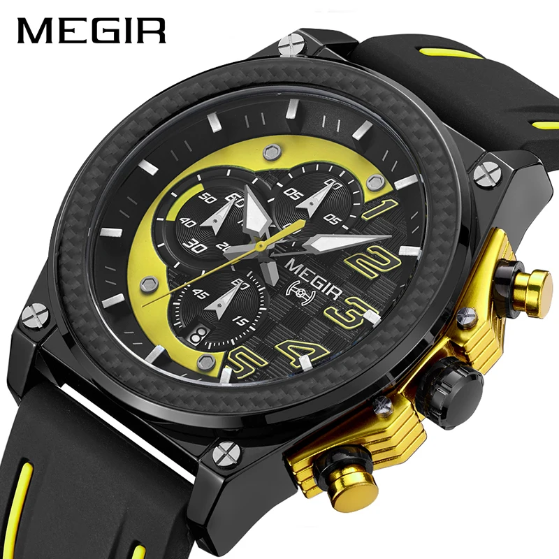 

Megir Men's Chronograph Quartz Watches for Male Waterproof Luminous Wristwatch with Rubber Strap for Boys Man 2051G