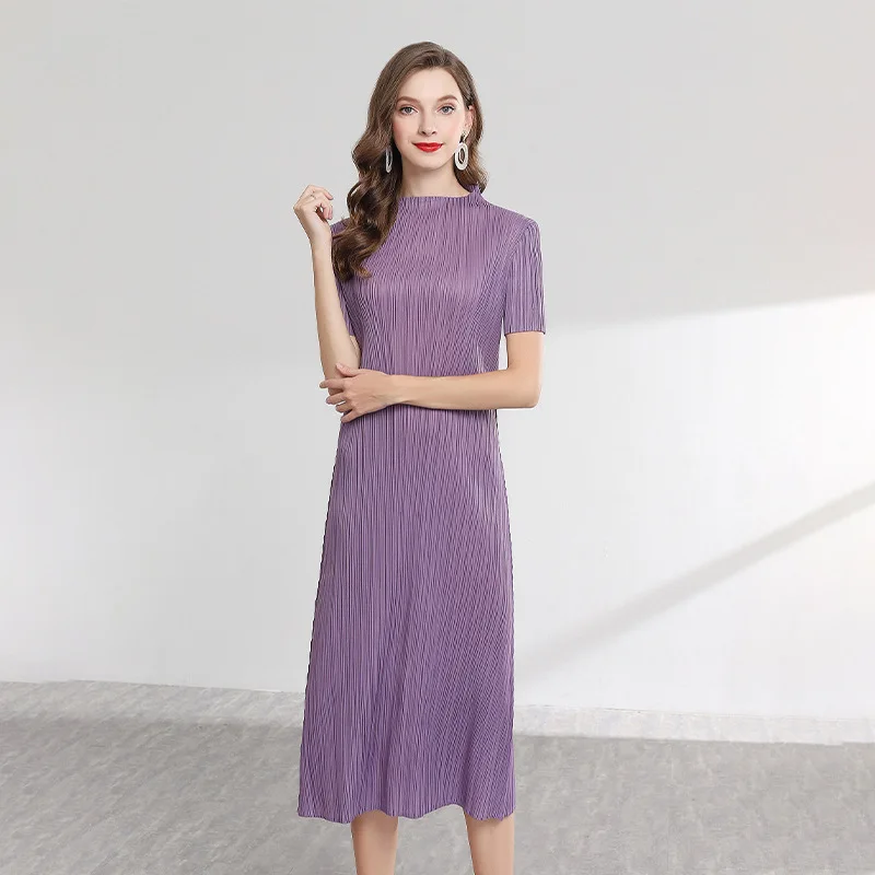 

Miyake pleated straight dress Japanese PP series stand collar Pleated Dress mid-long slim temperament free shipping