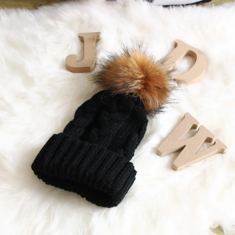 Для женщин; для мам и детей, теплые, зимние, вязаные шапка с помпоном из натурального меха Вязаные Лыжные Кепки