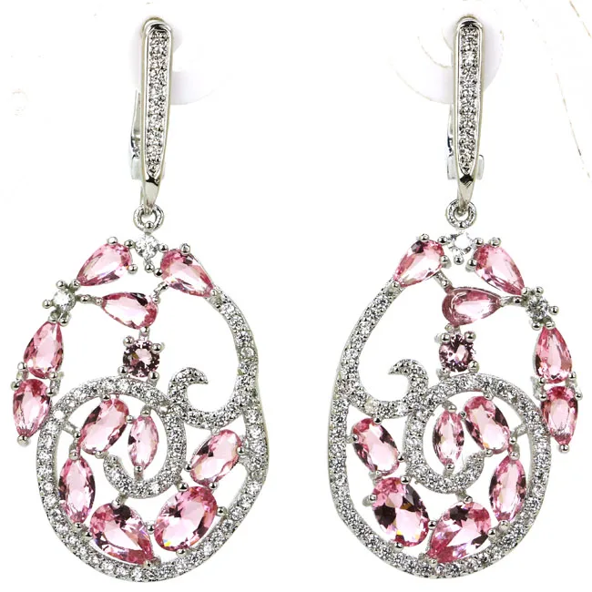 

Fantastic Pink Morganite White CZ Woman's Wedding Silver Stud Earrings 44x20mm