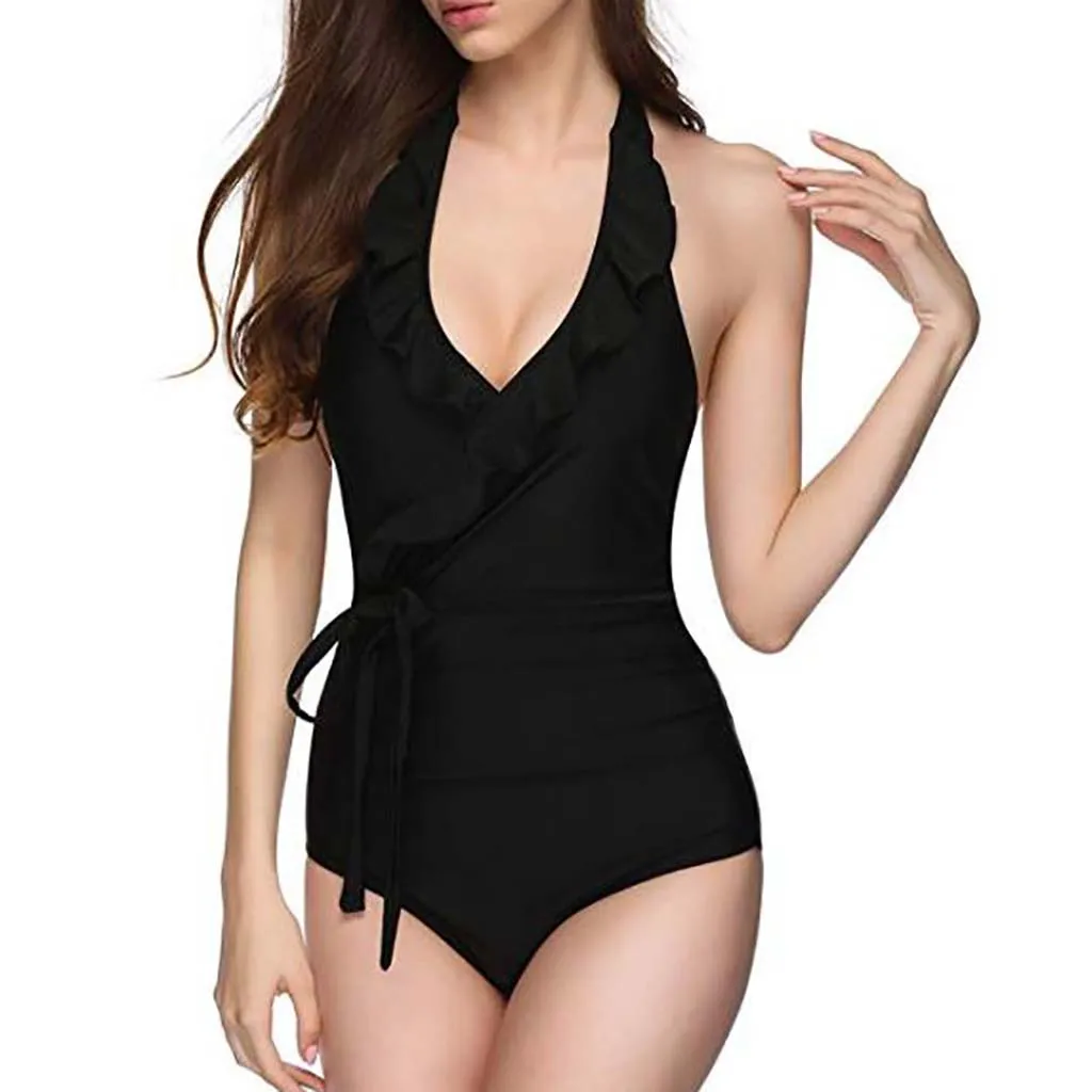 

Ruffled Swimwear women 2019 Summer one piece Women's Sexy V Neck Bikini Solid Swimsuit Patchwork Swimwear Beachwear Set biquini
