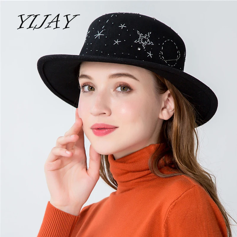 

2018 Autumn Winter Mens 100% Wool Hats Fedoras Vintage Women Girls Felt Fedoras Flat Top Jazz Hat Chapeau With Handmade Pattern