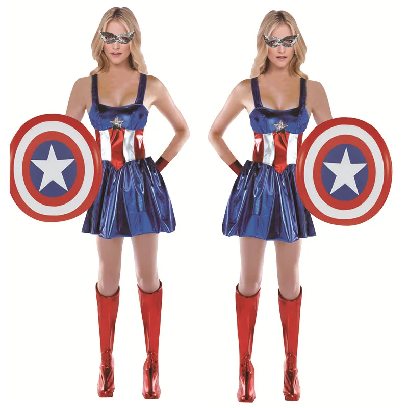 

Adult Ladies Captain America Cosplay Costume Halloween Super Hero Woman Fancy Sling Dress Clothes & Mask & Shield Sets C45143AD