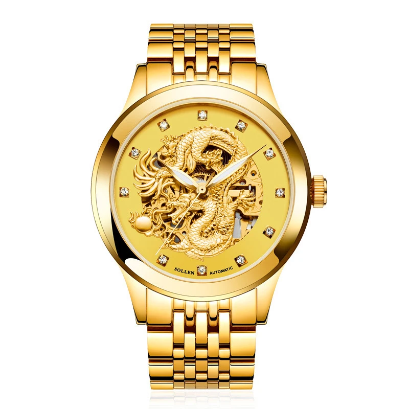 

SOLLEN SL602 watches men luxury brand skeleton automatic mechanical chinese dragon emperor king Infraorder Carnosauria von Huene