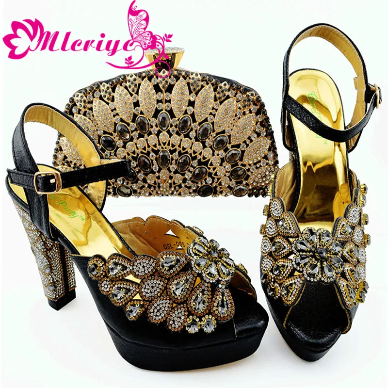 

Fashion Black Color African Women Matching Italian Shoes and Bag Set Decorated with Rhinestone Italian Ladies Shoe and Bag