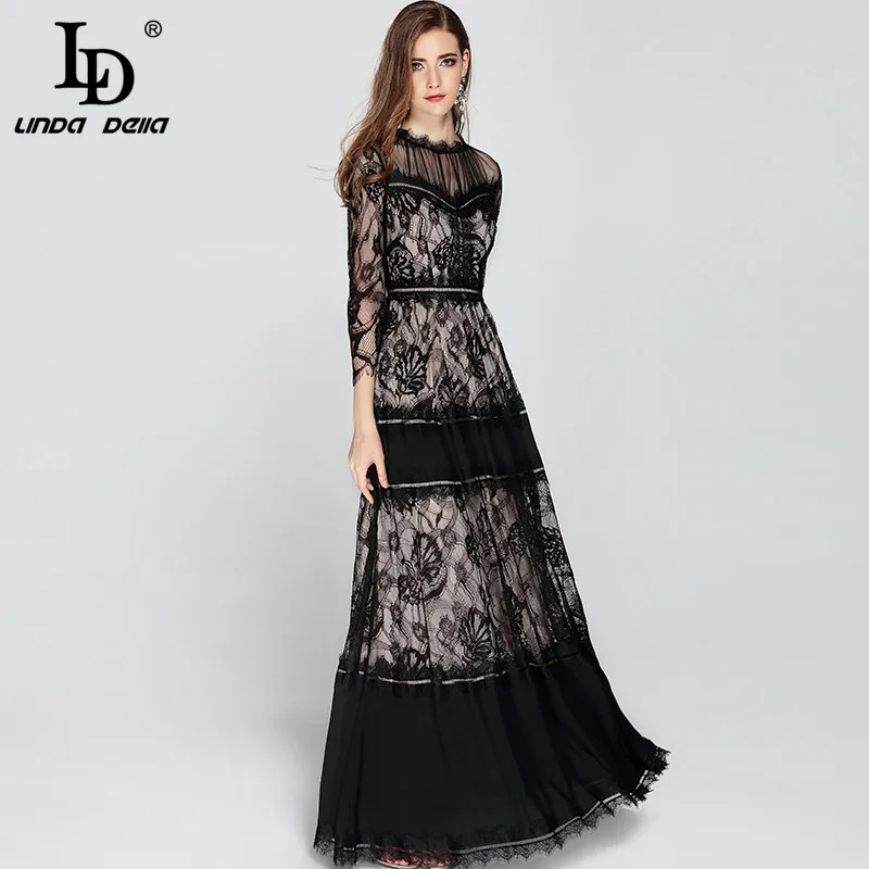 LD LINDA DELLA 2018 Fashion Designer Long Dress Women's 3/4 Sleeve Mesh Lace Patchwork Vintage Black Maxi Dress Party Dresses LD LINDA DELLA 2018 Fashion Designer Long Dress Women's 3/4 Sleeve Mesh Lace Patchwork Vintage Black Maxi Dress Party Dresses