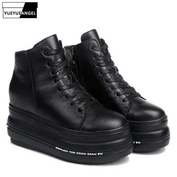 

Black Genuine Leather Platform Boots Women Punk Rock Motorcycle Lace Up Chunky Ankle Boots Height Increasing Ladies Shoes 34-39