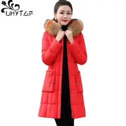 UHYTGF высокого качества новые зимние хлопковые пальто с капюшоном и меховым воротником Parker женщин тонкий длинный пуховик теплая верхняя