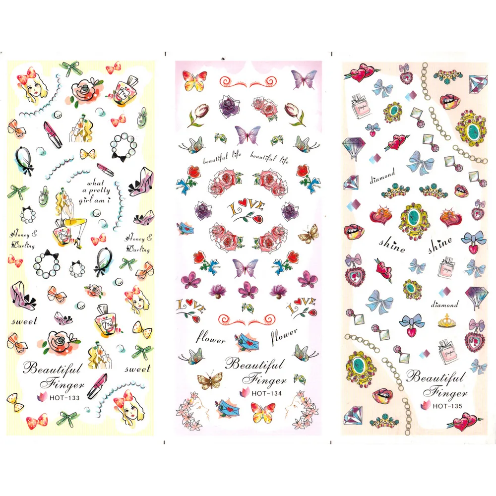 

3PCS/LOT NAIL ART TATTOOS STICKER WATER SLIDER DECAL FULL COVER SWEET HEART GIRL FLOWER ROSE BOW TIE NACKLACE HOT133-135