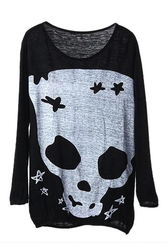 

Black Long Sleeve Skull Print Loose Knitted Tee Sweater Jumper Top