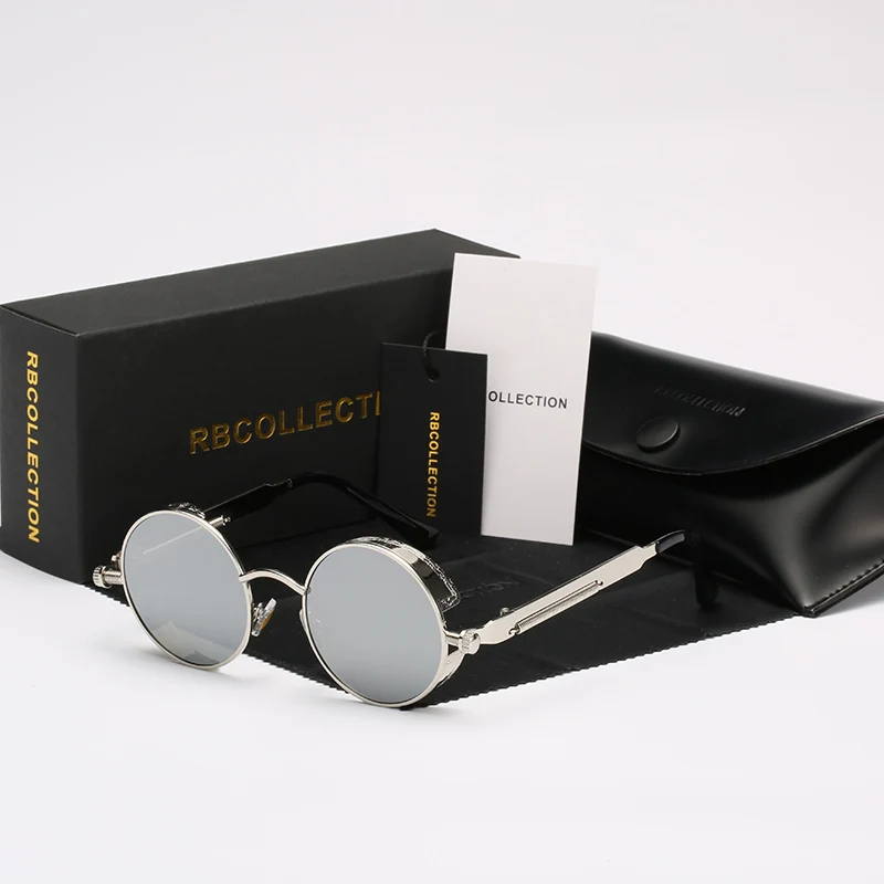 Готические солнцезащитные очки в стиле стимпанк для мужчин и женщин, круглые металлические солнцезащитные очки для женщин и мужчин, Ретро Винтажные защитные очки, оттенки, черный, UV400 - Цвет линз: silvel-silver
