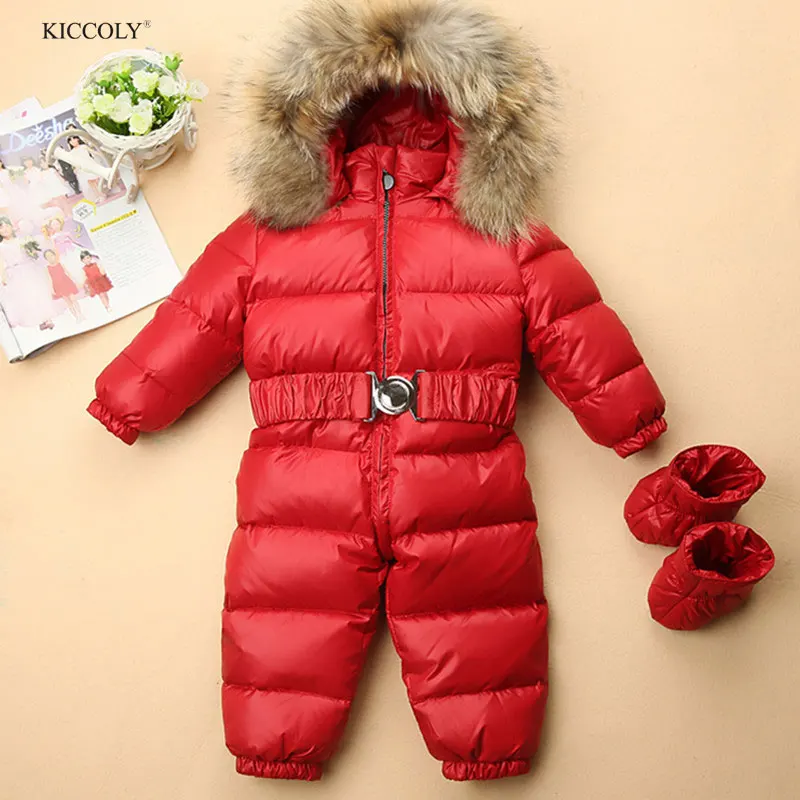 

KICCOLY2018 Russia Newborn Winter Girls Boys Snowsuit Jumpsuit Baby White Duck Down Jacket Overall Kid Raccoon Fur Hooded Romper