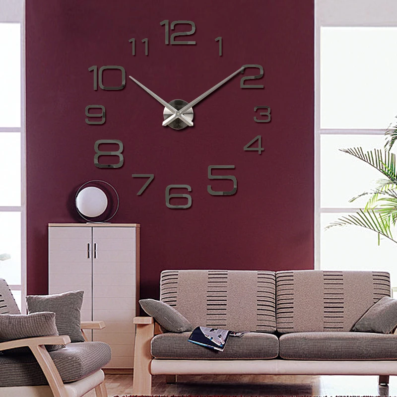 hot sale Diy acrylic mirror large wall clock quartz watch modern clocks living room home decoration silver number 3d stickers