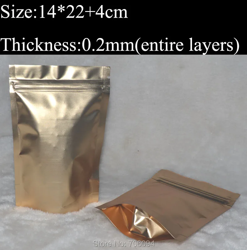 

14x22+4cm/5.5''x8.66'',200pcs/lot, Gold Metallic Aluminum Ziplock Stand up Foil Zip lock Pouch Bag,Gold plastic Bag