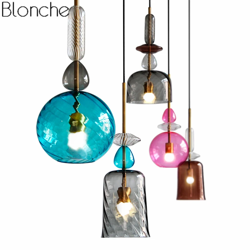  Nordic Stained Glass Pendant Lights Led Loft Modern Hanging Lamp Candy Luminaire for Dining Room Ki - 32914442228