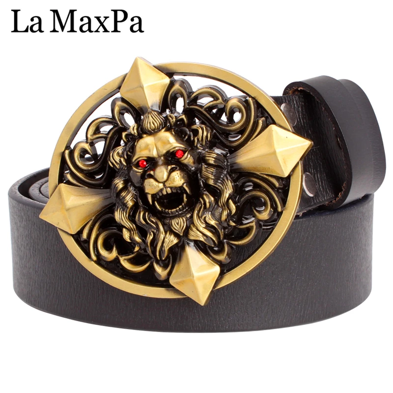 Fashion men's belt lion head buckle cowskin leather belt lion's head