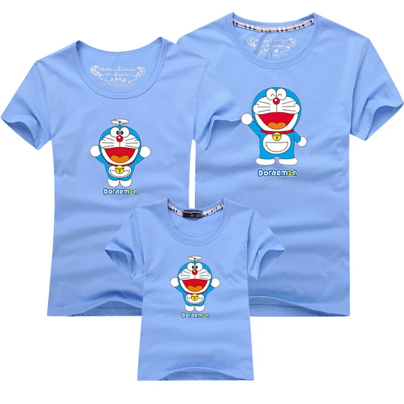 Doraemon/Новая летняя детская одежда для мальчиков и девочек Свободная Женская футболка с короткими рукавами одинаковые комплекты для отдыха для детей - Цвет: Light blue