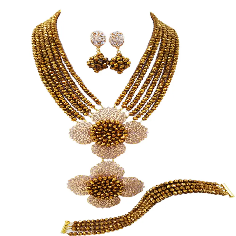 Белые хрустальные бусины нигерийские Свадебные африканские Ювелирные наборы эффектное ожерелье набор 6C-2DH011 - Окраска металла: Golden Brown