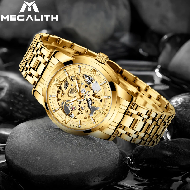 

MEGALITH Top Brand Clock Luxury Gold Full Steel Watch Automatic Mechanical Watch Men Sport Waterproof Skeleton Watch Men Watches