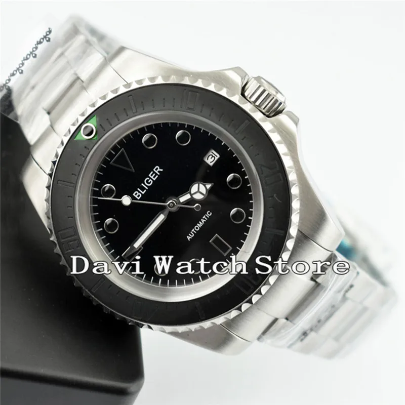 

Bliger 43mm Sliver Stainless steel strap Black Ceramic Bezel black dial Automatic Date Mens Watch 2192