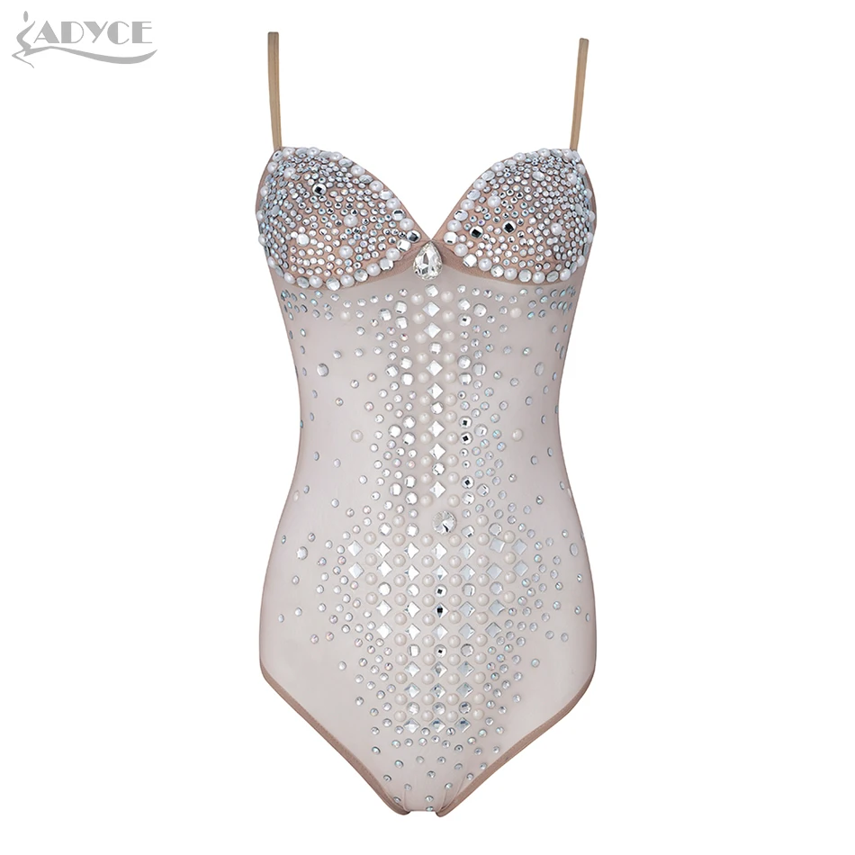 

ADYCE 2019 Women Summer Luxury Diamond Beading Bodysuit Sexy Sleeveless Hollow Out Lace Bikinis Evening Party Bodysuit Swimsuits