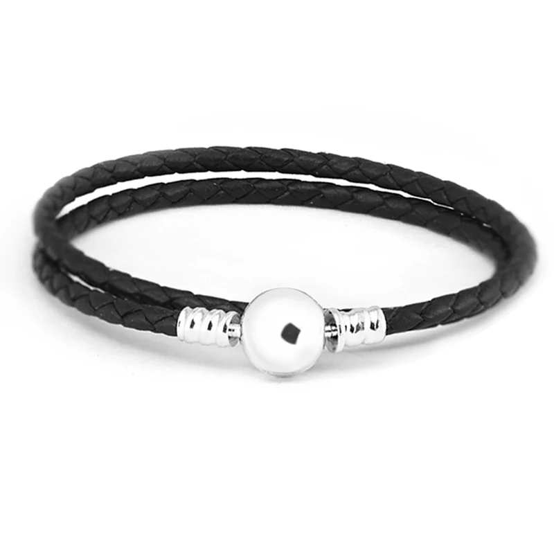 

Black Braided Double-Leather Charm Bracelet 925 Sterling Silver Round Clasp Bracelets Fashion Women Jewelry berloques pulsera