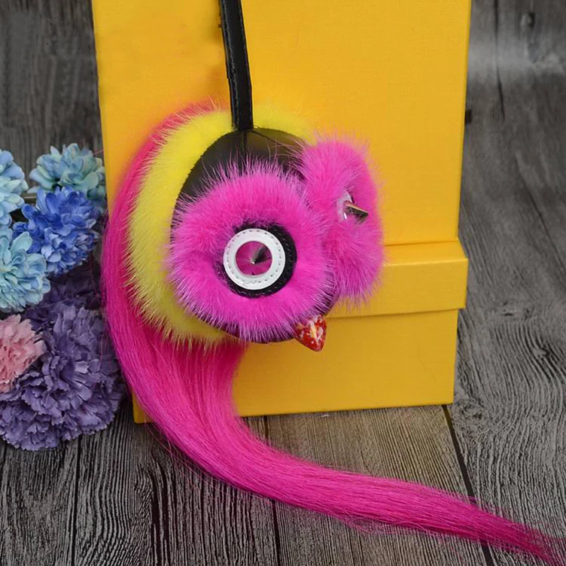 Handmade Fluffy Monster Owl Mink Fur Keychain Big Fox Fur Ball Key Chains Fur Pom Pom Keychain Keyring Car Bag Charm Pendant