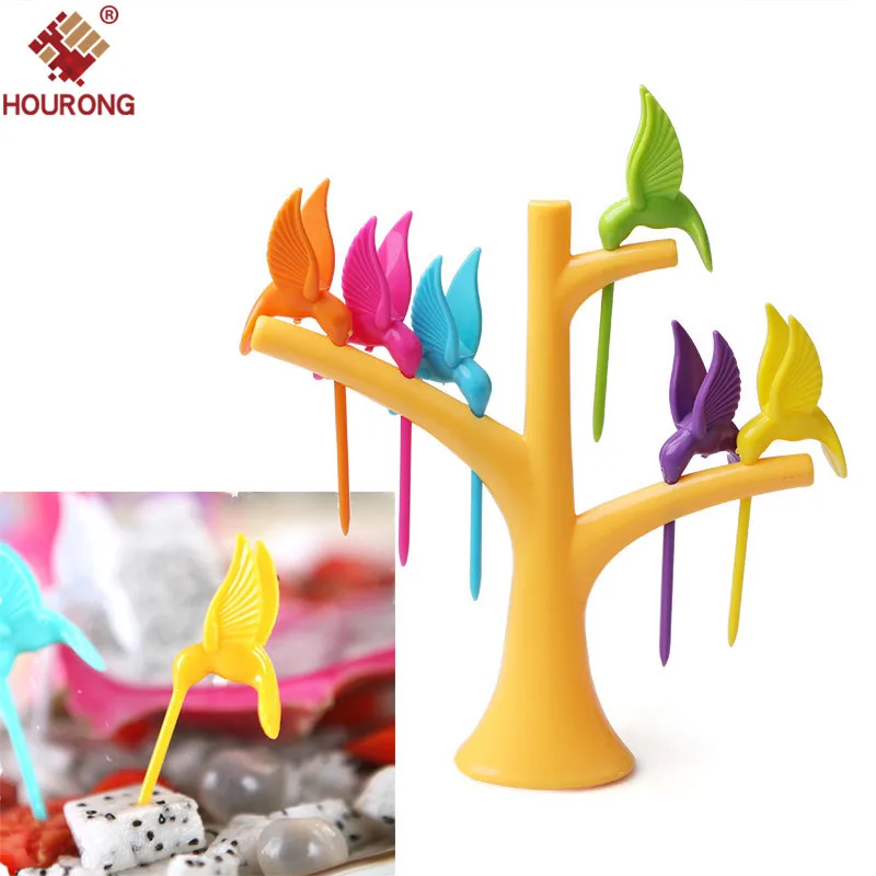 

1Set Kitchen Gadget Bird Tree Birdie Fruit Fork 1 Stand+6 Forks Toothpick Fruit Tool Cartoon Party Fork Tableware Dinnerware Set