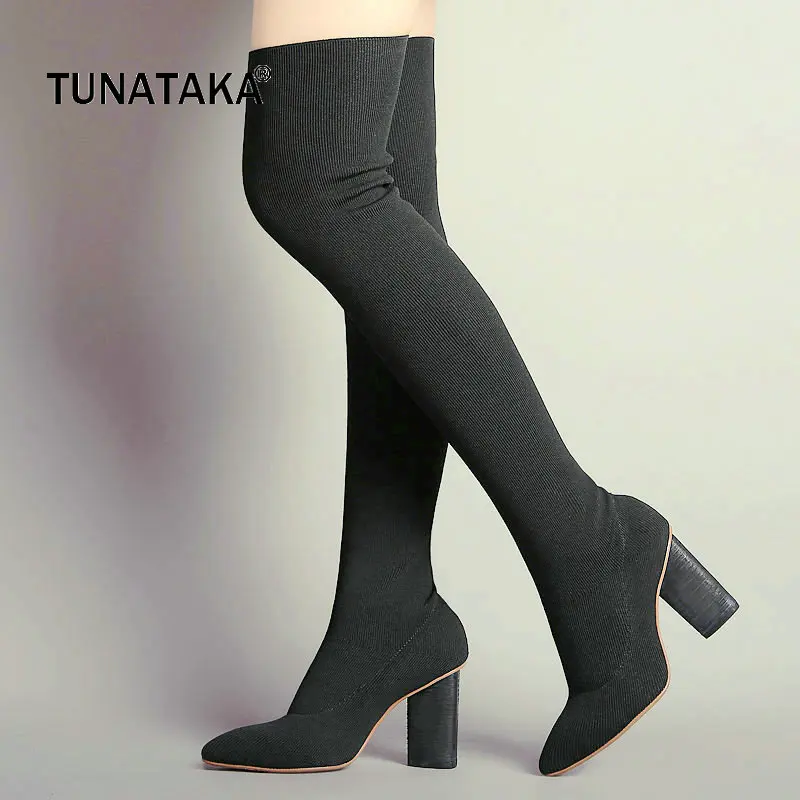 

Stretch Fabric Woman Square High Heel Over The Knee Boots Fashion Pointed Toe Slip On Stretch Boots Ladies Thigh Boots