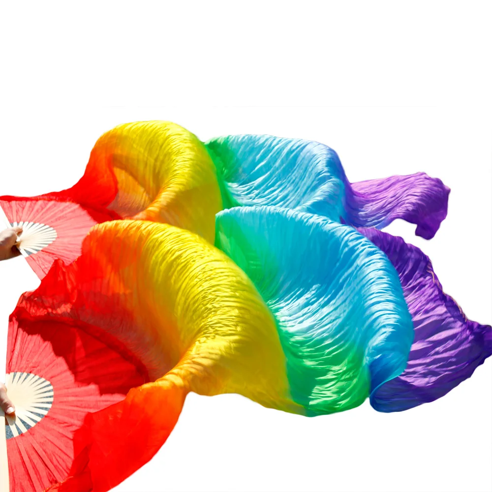 2018 Newest Handmade Bamboo Ribs Dance Props Silk Belly Dance Fans Natural Silk 1 Pc Left hand+1 Pc Right Hand rainbow color