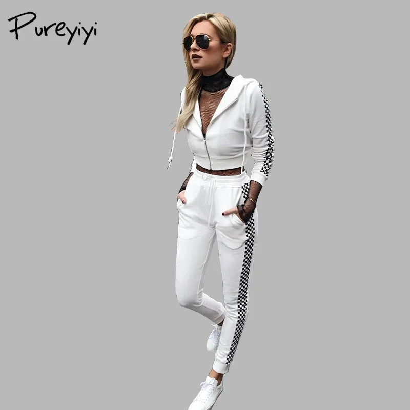 Pureyiyi 2017 костюм Для женщин осень Повседневное белый Комплект из 2 предметов (короткий с капюшоном кофта+длинные штаны) на молнии комплект для