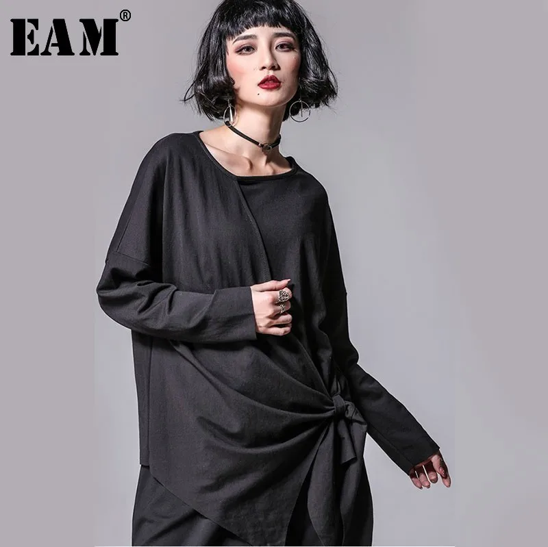 

[EAM] 2019 New Autumn Winter Round Neck Long Sleeve Black Irregular Hem Bandage Big Size T-shirt Women Fashion Tide JO116