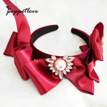 

Red Wedding Velvet Beaded Big three Bowknot Wire DIY Hairband Women Girl Cute Bow Tie Beads Hair Straps Headband Hair Accessorie