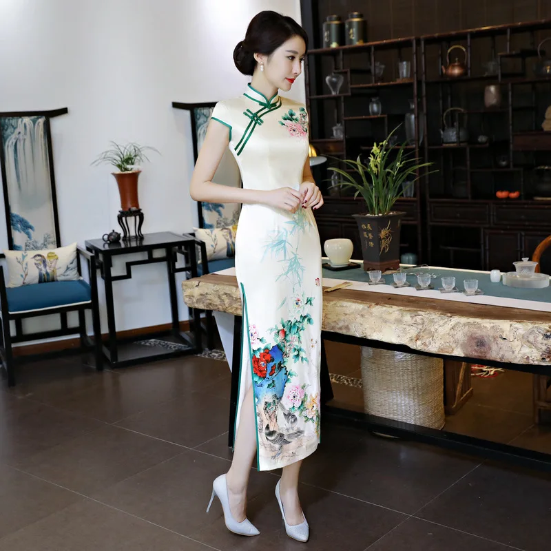 Hisenky традиционное китайское платье Для женщин долго Cheongsam платья короткий рукав Для женщин Qipao платье Размеры M-XXXL