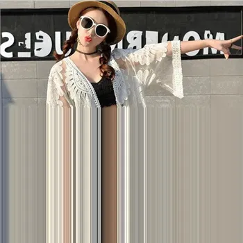 

White Sexy Hollow Crochet Beach Coat Casual Cover Up 3/4 Sleeve Lace Coat Women Tunic Summer Beachwear