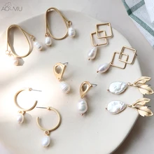 AOMU преувеличенные серьги-гвоздики с металлическим золотым геометрическим неровным круглым квадратным натуральным пресноводным жемчугом для женщин для свадебной вечеринки