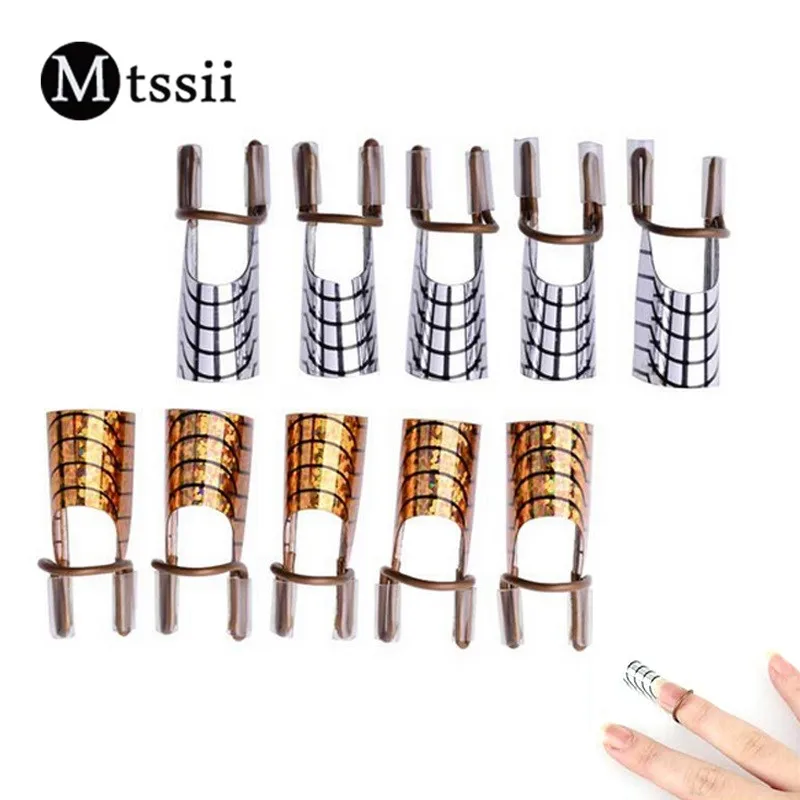 

Mtssii 10Pcs/ lot Gold Silver Nail Extention Forms Aluminum Reusable Dual Guide French Tip Nail Tools UV Gel Nail Art Equipment